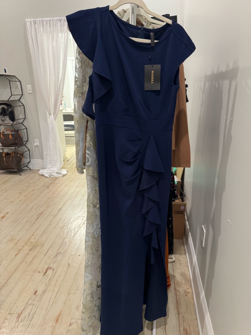 Woosea Navy One-Shoulder Ruffle Midi Dress